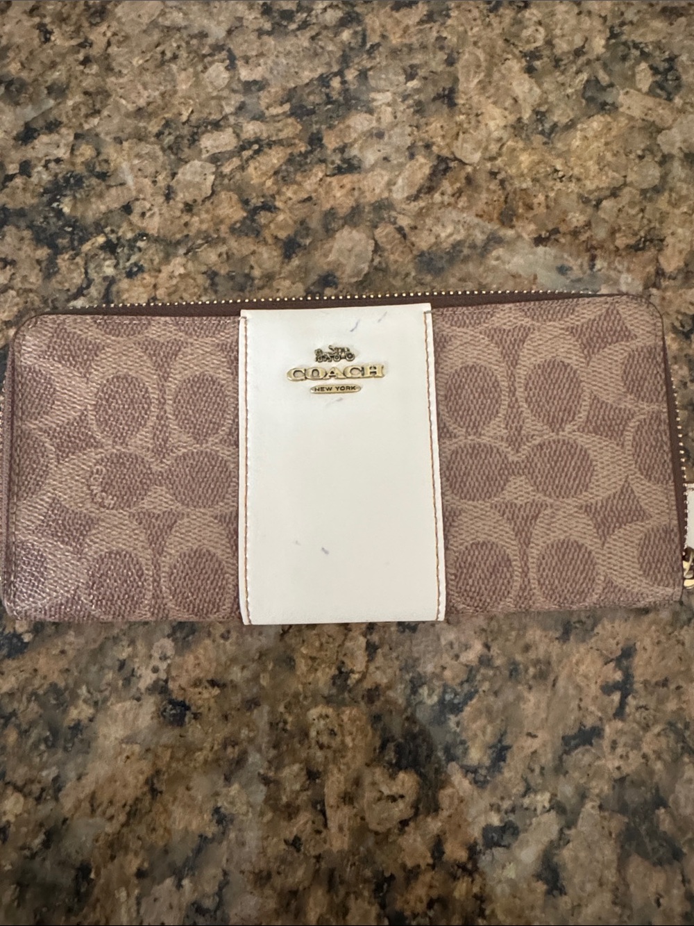 Coach Brown Signature Canvas Wallet with White Center Panel